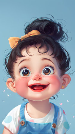 a little girl with a bun and overalls is smilingの素材