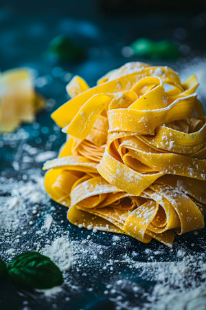 Close up of a pile of pasta on a flourcovered tableの素材