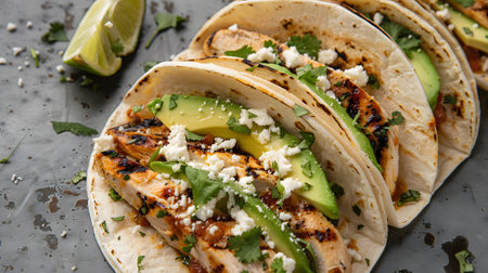 Grilled Chicken Tacos with Avocado and Cheese on Soft Tortillasの素材