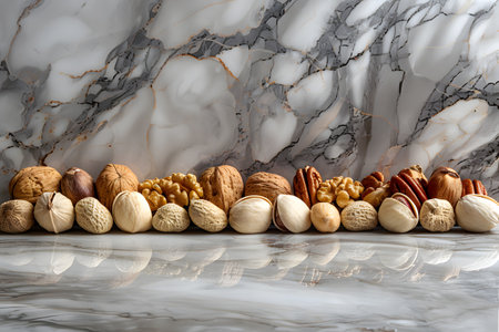 Assorted nuts arranged on marble surface for natural food displayの素材