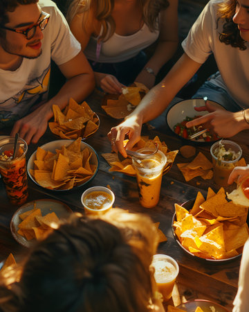 Friends Enjoying Snacks and Drinks at a Sunny Outdoor Gatheringの素材