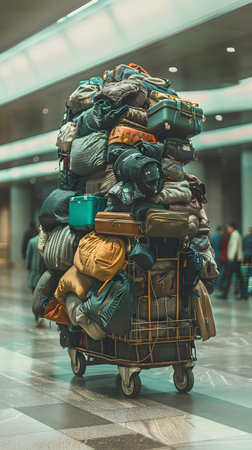 A luggagefilled cart with automotive tires in the airport terminalの素材