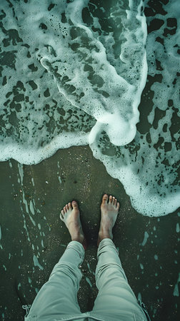 Person standing on beach with feet in water, experiencing geological phenomenonの素材