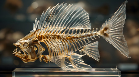 An electric blue fish skeleton is exhibited in a museumの素材