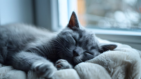 A gray cat is resting by the window, looking cute on a blanketの素材