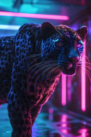 A leopard illuminated by neon lights in a futuristic settingの素材