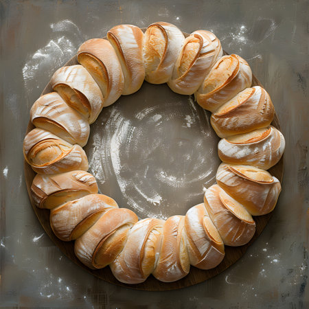 A circle of baked goods made of food ingredients is displayed on a tableの素材