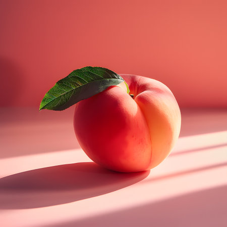 A peach, a staple food, with a green leaf, plantbased, on a pink surfaceの素材