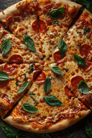 A pizza topped with pepperoni and basil, sliced on a tableの素材