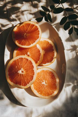 Sliced Fresh Grapefruit on White Plate with Sunlight and Leaf Shadowsの素材