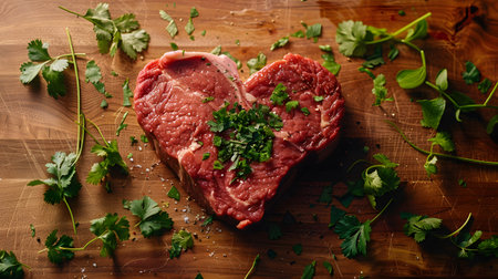 Heart shaped steak on cutting board with parsley garnish, food art displayの素材