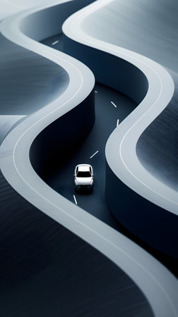 Hood of car racing down curvy road with asphalt and automotive tiresの素材