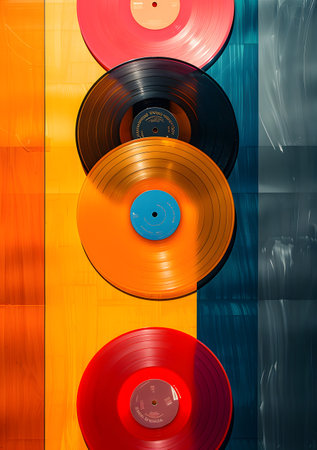 Stack of vinyl records on colorful background, nostalgic retro vibesの素材