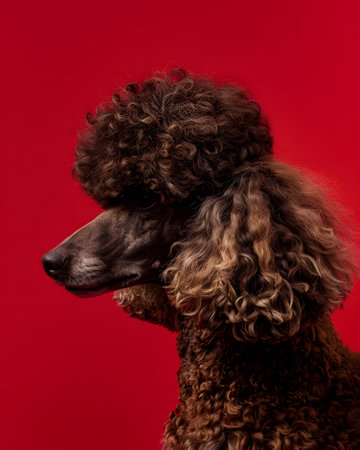 Profile Portrait of Elegant Brown Poodle on Red Backgroundの素材