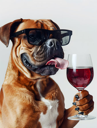 A dog humorously dressed with wine glasses, having funの素材
