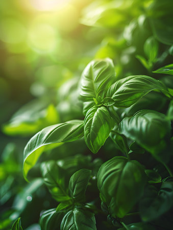 Fresh basil leaves growing healthy in garden, ideal for culinary useの素材