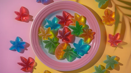 Colorful Gummy Leaves on Ceramic Plate with Artistic Backgroundの素材