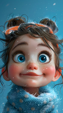 A cartoon girl with big blue eyes is smiling in the snowの素材