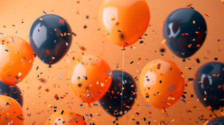 Liquid amber and orange balloons float in the sky, releasing confettiの素材