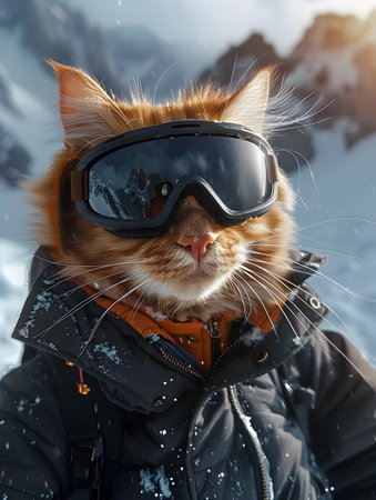 Felidae wearing goggles and a jacket in the snow, resembling a cat in sunglassesの素材