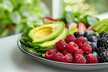 A dish of boysenberry, avocado, spinach, and fruit on tableの素材