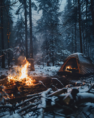 Winter Camping in Snowy Forest with Campfire and Tentの素材