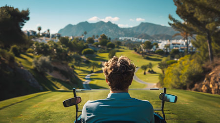 Golf Player Driving on Scenic Course with Mountain Viewsの素材