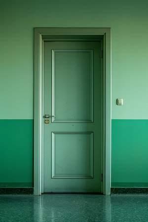 Closed Green Door in Brightly Lit Interior Hallwayの素材