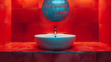 White sink with plumbing fixtures in a bathroom with red tiles and a mirrorの素材
