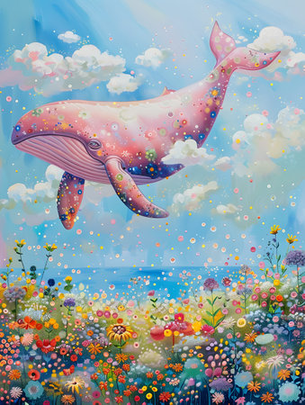 Colorful Dreamlike Whale Floating Above a Flower Fieldの素材