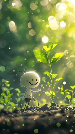 Cartoon character standing next to small terrestrial plant in natural landscapeの素材