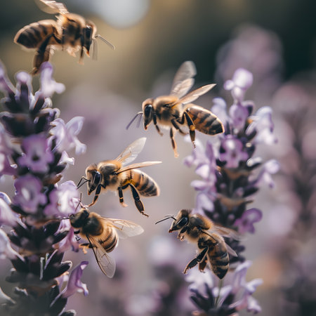 Honeybees pollinating purple flowers in closeup macro photographyの素材