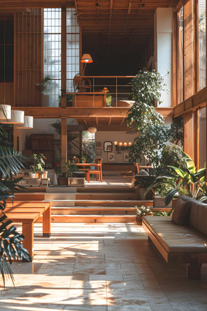 Room filled with plants, hardwood flooring, and large windowsの素材