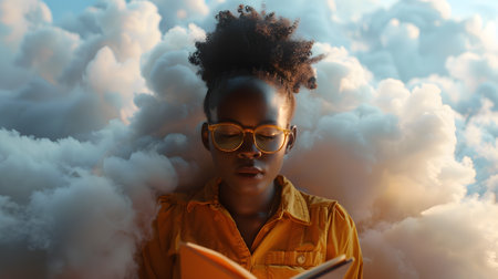 A young girl happily reading a book amidst the fluffy cumulus cloudsの素材