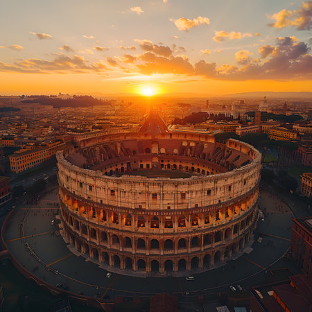 Colosseum at sunset with urban design horizon and colorful skyの素材