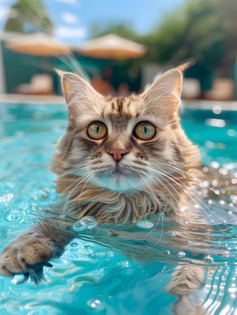 Felidae organism swimming in water, small to mediumsized cat looking at cameraの素材