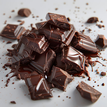 A heap of fractured chocolate bars sits on the counter, ready for bakingの素材