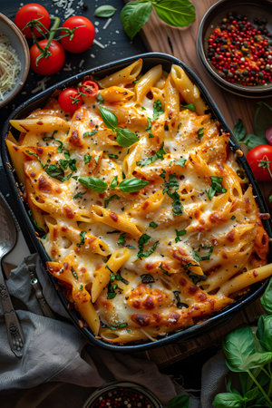 A delicious casserole with pasta and cheese on a tableの素材