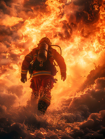 A firefighter in a gas mask rushes through a blazing infernoの素材