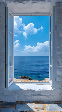Open window with serene sea view and blue sky on a sunny dayの素材