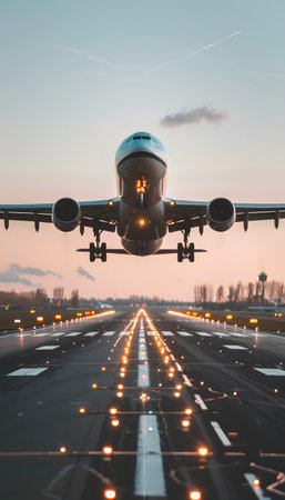 Jet aircraft soaring into the sky from the runwayの素材