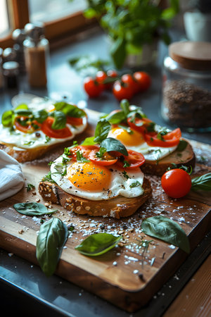 Sandwiches with eggs, tomatoes, and basil on a rustic wooden boardの素材