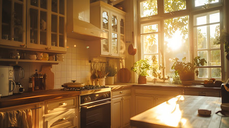 Sunlight fills the kitchen with warmth through the cabinetryclad windowsの素材