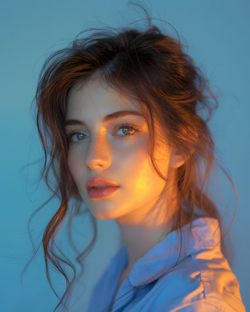 A woman with red hair and blue shirt gazes at the cameraの素材