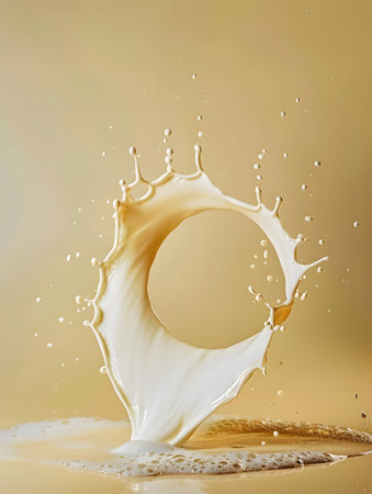Milk Splash in Circular Motion on Yellow Background Close-Upの素材