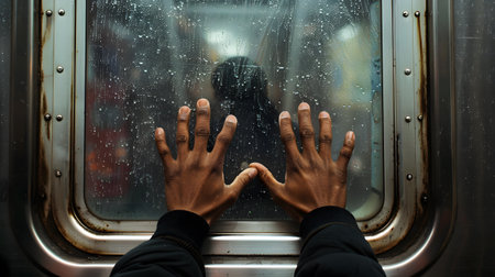 Looking at Raindrops on Subway Window, Hands Touching Glassの素材
