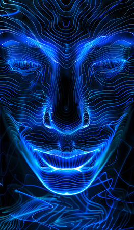 Innovative digital artwork illuminated by vibrant blue neon lightの素材