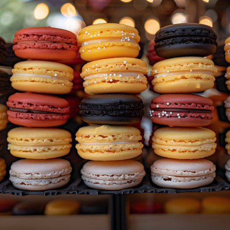 Colorful macarons layered to create a stack of sweet sandwich cookiesの素材