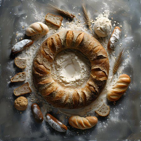 A loaf of bread is surrounded by other baked goods and flourの素材