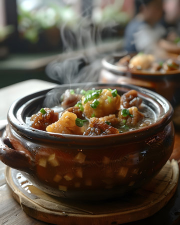 A bowl of stew, a delicious dish, sits on a wooden tableの素材